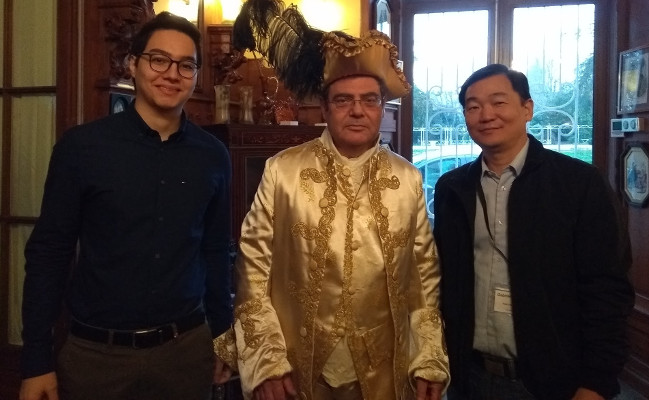 Me, Bertrand Meyer wearing eighteenth-century european clothes, and Gabriel Tamura